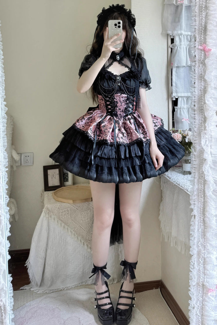 Black/Pink Ancient Dream of the Dark Night Print Ruffle Gothic Lolita Jsk Dress
