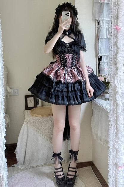 Black/Pink Ancient Dream of the Dark Night Print Ruffle Gothic Lolita Jsk Dress