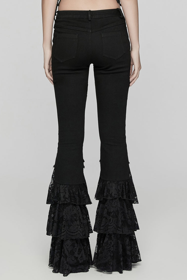 Black Triple-Layered Ruffle Lace-Up Mesh Women's Gothic Pants