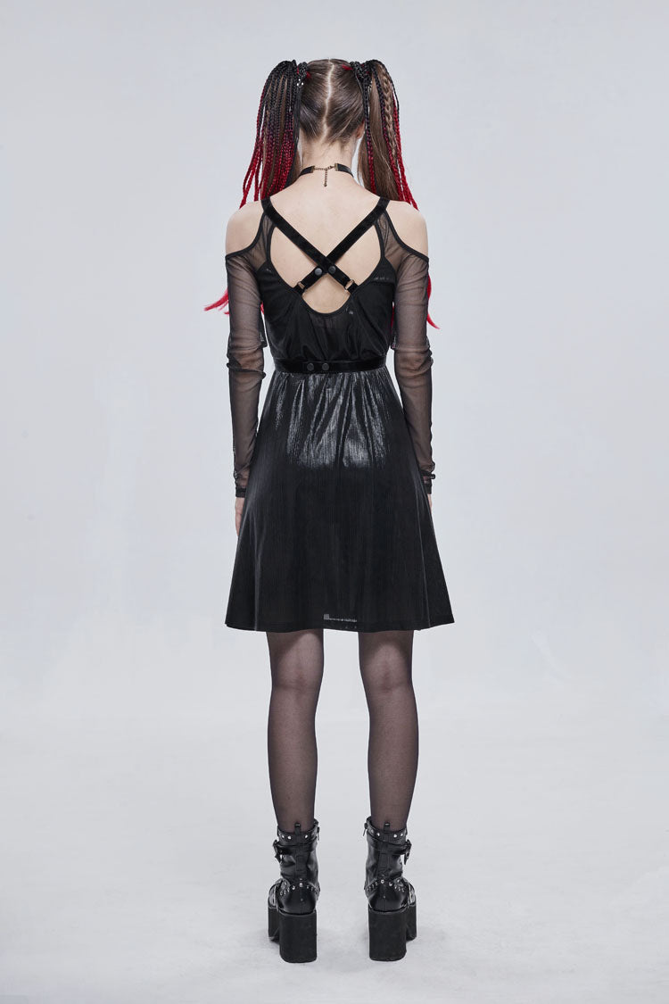 Black Stretch Knit Patchwork Fine Mesh V Neck Cross Tie Metal Pentagram Buckle Strap Women's Punk Dress