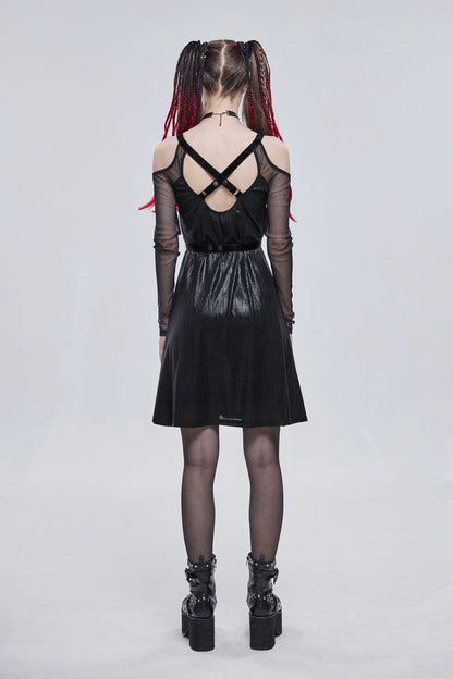 Black Stretch Knit Patchwork Fine Mesh V Neck Cross Tie Metal Pentagram Buckle Strap Women's Punk Dress
