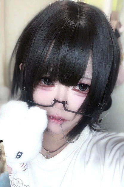 Black Sweet Japanese Outward-Curled Ends Air Bangs Lolita Wig