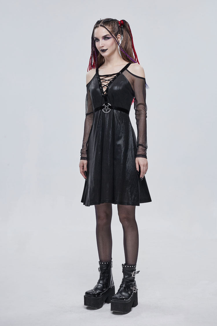 Black Stretch Knit Patchwork Fine Mesh V Neck Cross Tie Metal Pentagram Buckle Strap Women's Punk Dress