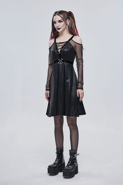 Black Stretch Knit Patchwork Fine Mesh V Neck Cross Tie Metal Pentagram Buckle Strap Women's Punk Dress