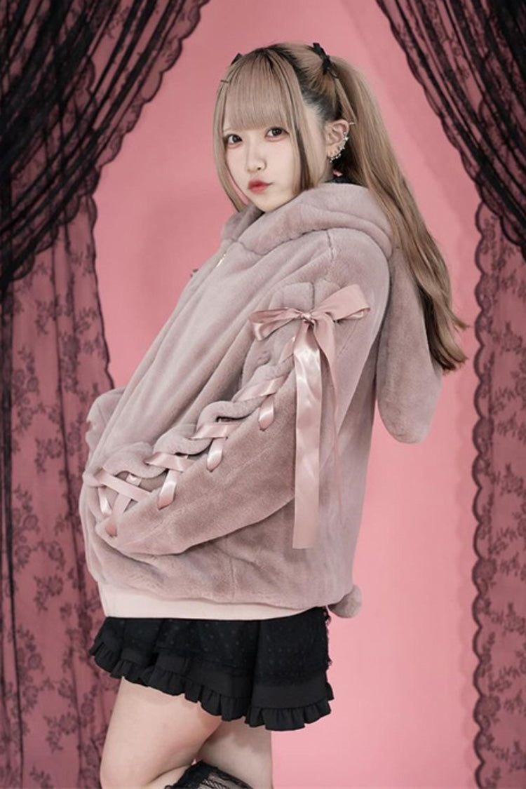 Pink Rabbit Ears Long Sleeves Bowknot Lace-Up Hooded Jirai Kei Coat