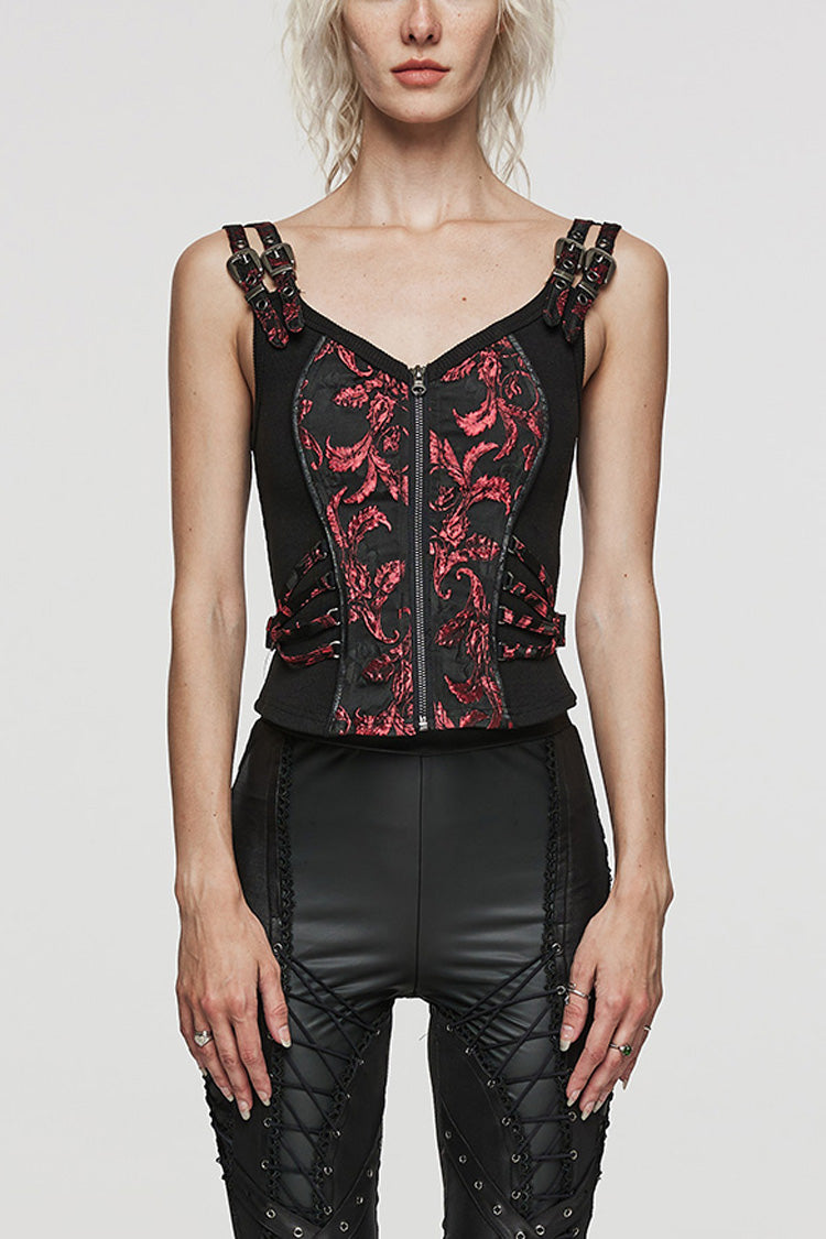 Steampunk Sleeveless Jacquard Print Metal Buckle Strap Metal Zipper Hollow Lace-Up Women's Vest 4 Colors