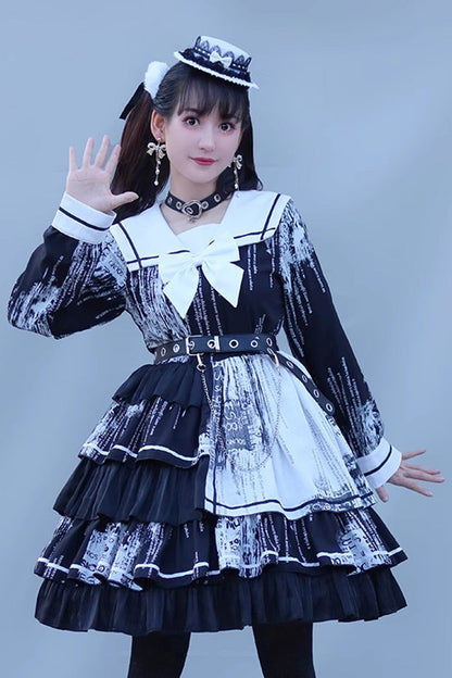 Black Short Sleeves Multi-Layered Print Ruffle Bowknot Asymmetric Punk College Style Lolita Dress