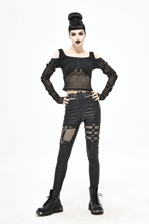 Black Sexy Mesh Spliced Off The Shoulder Long Sleeves Women Punk T-Shirt