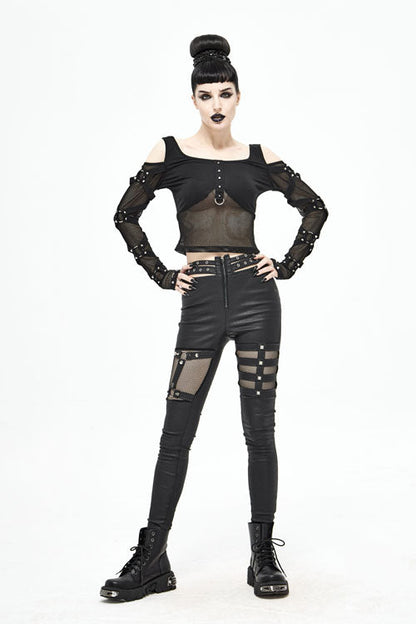 Black Sexy Mesh Spliced Off The Shoulder Long Sleeves Women Punk T-Shirt
