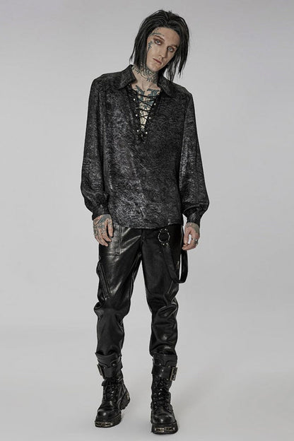 Black/Silver Stand Collar Long Puff Sleeves Print Lace-Up Metal Decoration Mens Gothic Blouse