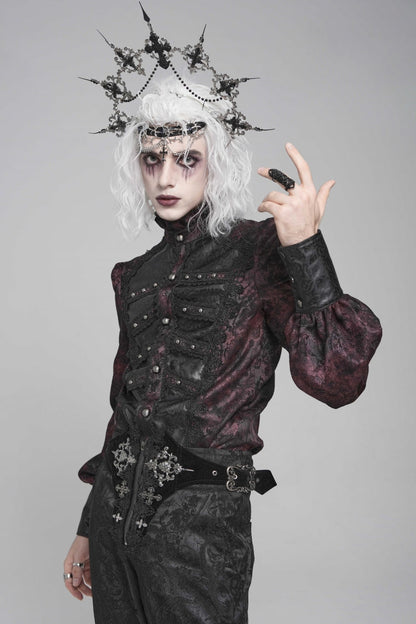 Black/Red Stand Collar Long Lantern Sleeves Floral Print Embroidery Men's Gothic Blouse