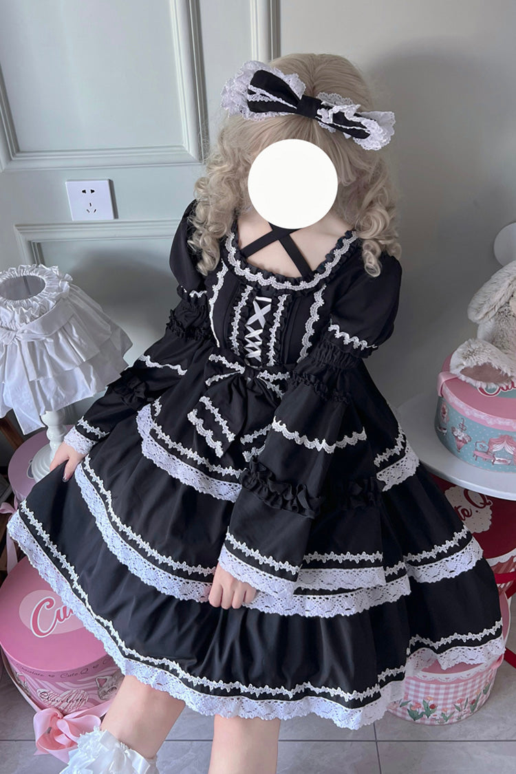 Black Triple-Layered Detachable Sleeves Bowknot Lace-Up Gothic Lolita Dress