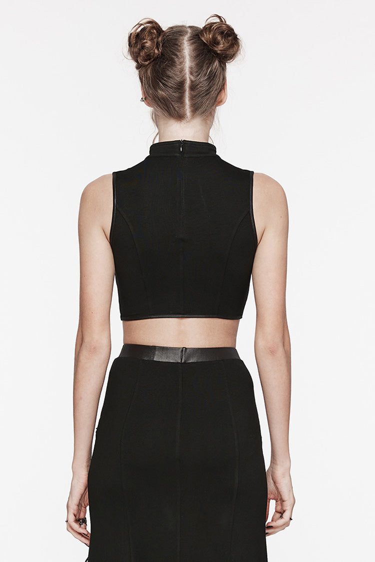 Black Stand Collar Sleeveless Stitching Lace-Up Ripped Women's Punk Tank Top