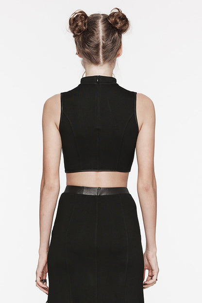 Black Stand Collar Sleeveless Stitching Lace-Up Ripped Women's Punk Tank Top