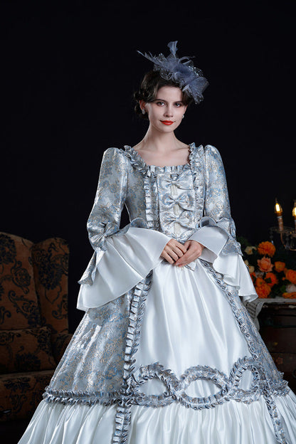 Blue Square Collar Long Trumpet Sleeves Double-Layered Ruffled Embroidered Open-Front Bow Classic Vintage Palace Lolita Victorian Dress