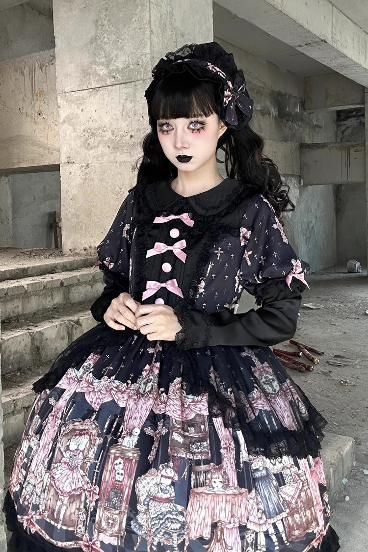 Black [The Case of the Missing Lamb] Print Long Sleeves Ruffle Bowknot Lace Gothic Lolita Dress