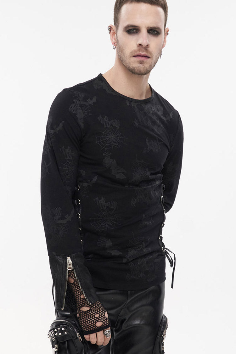 Black Punk Long Sleeve Knit Broken Holes Spider Web Print Crew Neck Men's Shirt