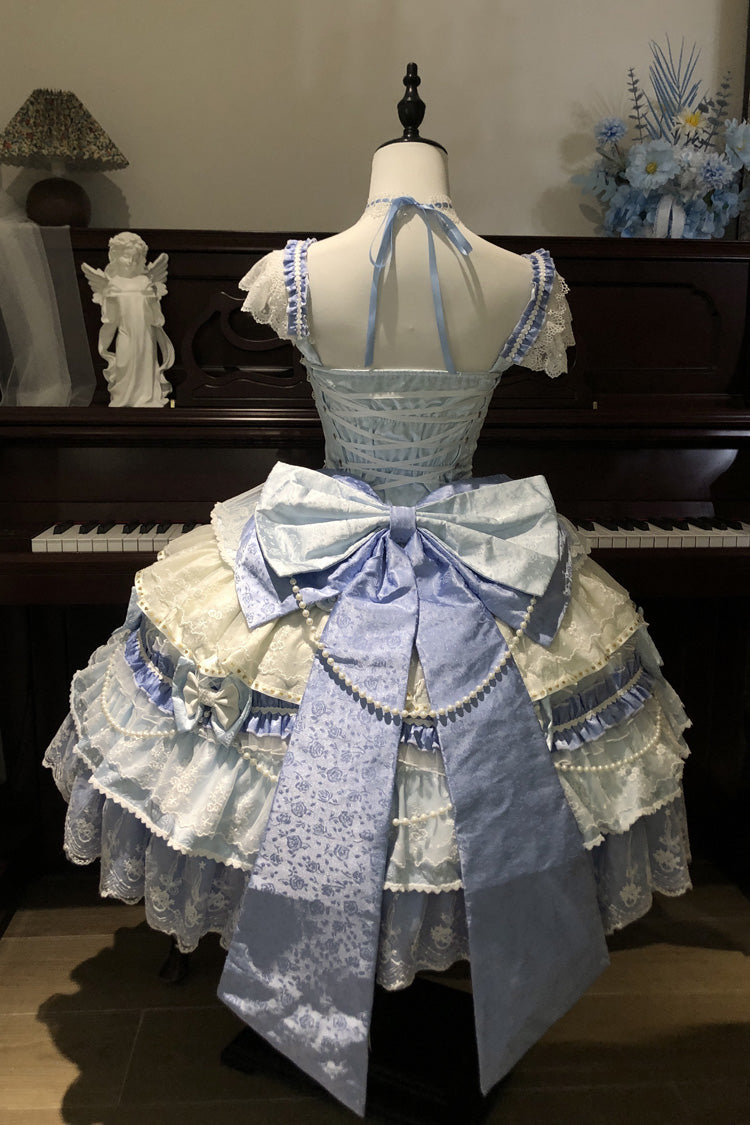 Blue [Falling Sakura] Multi-Layered Ruffled Hanayome Bow Lace Sweet Plus Size Princess Lolita Jsk Dress