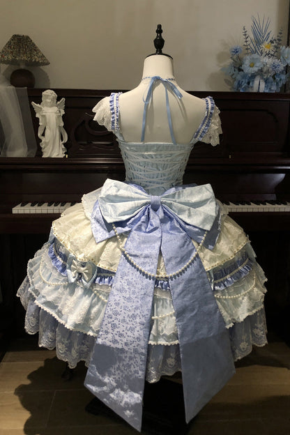 Blue [Falling Sakura] Multi-Layered Ruffled Hanayome Bow Lace Sweet Plus Size Princess Lolita Jsk Dress