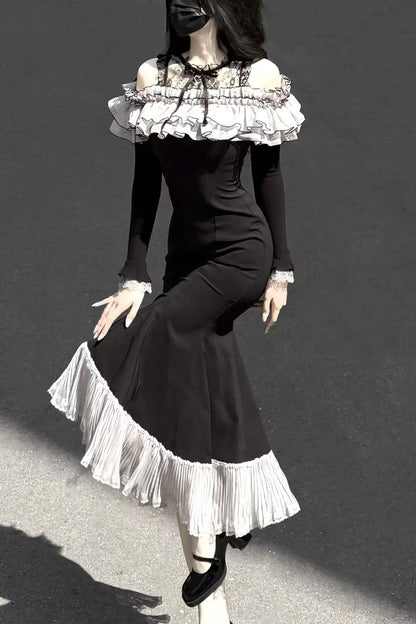 Black [Night Cherry Blossoms] Long Sleeves Ruffle Bowknot Daily Sweet Elegant Lolita Fishtail Dress