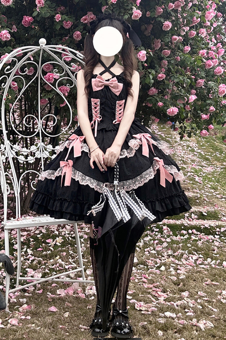Black [Miss Pearl] Sleeveless Double-Layered Bowknot Lace Lace-Up Sweet Lolita Jsk Dress