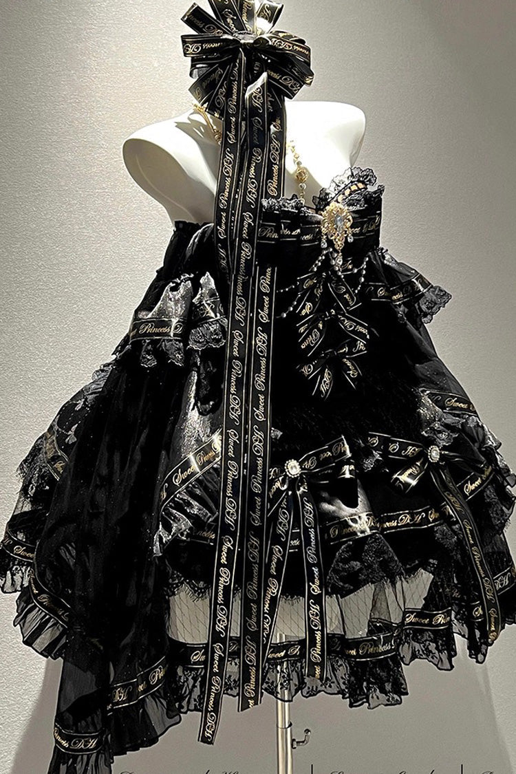 Black [Golden Obsidian Night] Sleeveless Double-Layered Ruffle Bowknot Pearl Gothic Princess Lolita Dress