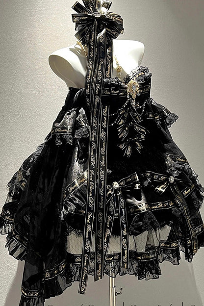 Black [Golden Obsidian Night] Sleeveless Double-Layered Ruffle Bowknot Pearl Gothic Princess Lolita Dress