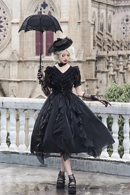 Black V-Neck Lace Cla Daily Short Puff Sleeves Gothic Lolita Dress