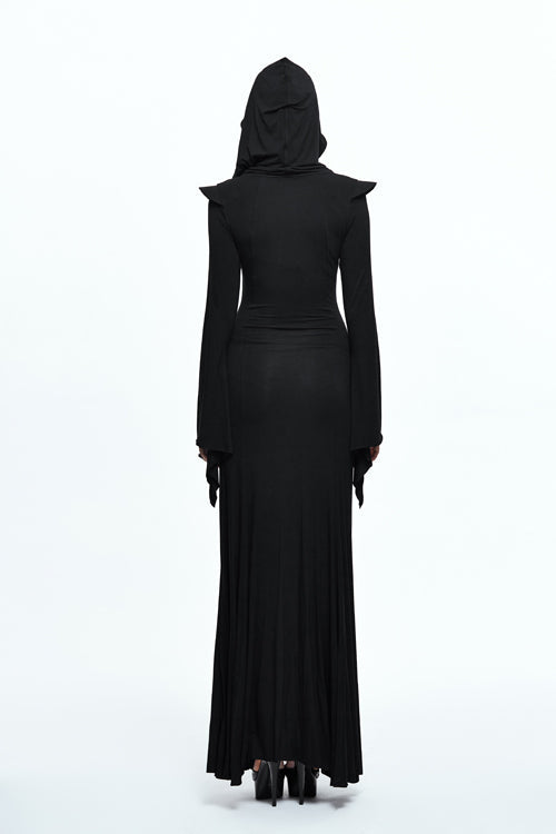 Black Sexy Stretchy Hooded Knitted Flared Sleeves Fishtail Womens Gothic Dress