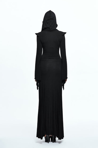 Black Sexy Stretchy Hooded Knitted Flared Sleeves Fishtail Womens Gothic Dress