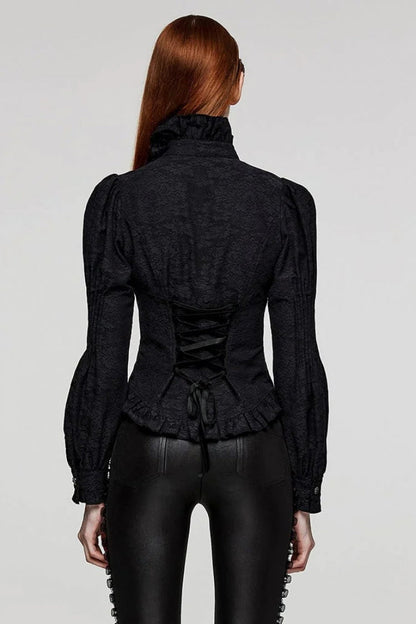 Black Stand Collar Long Puff Sleeves Ruffle Womens Gothic Blouse