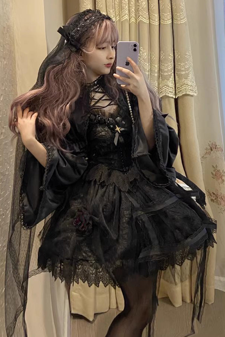Black [Rose Cage] Ruffle Bowknot Lace Mesh Gothic Elegant Lolita Jsk Dress