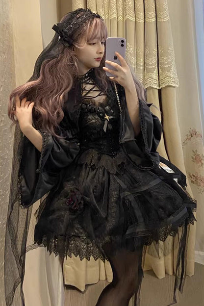 Black [Rose Cage] Ruffle Bowknot Lace Mesh Gothic Elegant Lolita Jsk Dress
