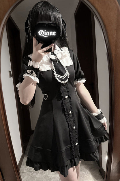 Black [Angel Creed] Short Sleeves Ruffle Bowknot Stitching Lace Gothic Plus Size Japanese College Style Jirai Kei Dress