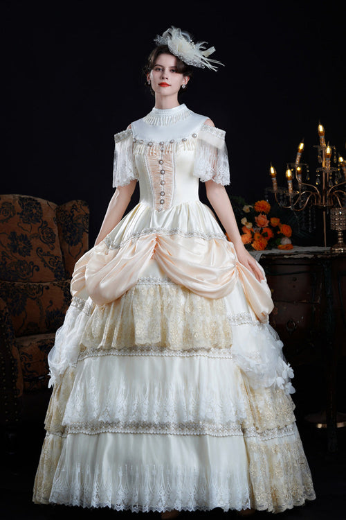 Champagne Stand Collar Multi-Layered Ruffled Lace Classic Vintage Palace Victorian Lolita Dress