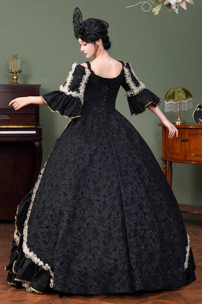 Black Square Collar Half Trumpet Sleeves Ruffled Open-Front Lace Gothic Vintage Palace Lolita Victorian Dress