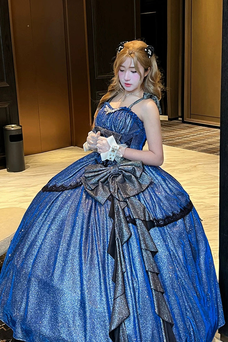 Blue [Galaxy of Fallen Tears] Sleeveless Glitter Series Ruffled Bow Asymmetric Sweet Lolita Jsk Dress