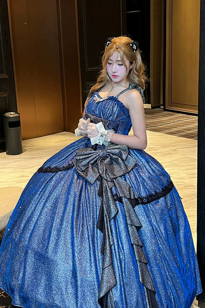 Blue [Galaxy of Fallen Tears] Sleeveless Glitter Series Ruffled Bow Asymmetric Sweet Lolita Jsk Dress