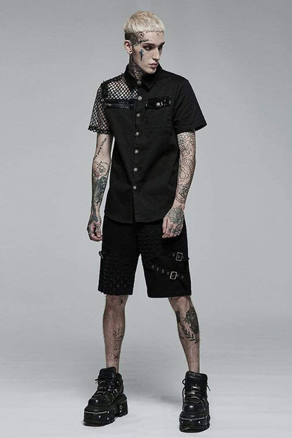 Black Punk Elastic Cotton Twill Fabric Spliced Diamond Mesh Asymmetrical Personality Short Sleeve Men's Shirt