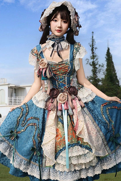 Blue [Lake Monet] Sleeveless High Waisted Print Ruffle Cardigan Bowknot Lace-Up Classic Vintage Elegant Princess Lolita Jsk Dress