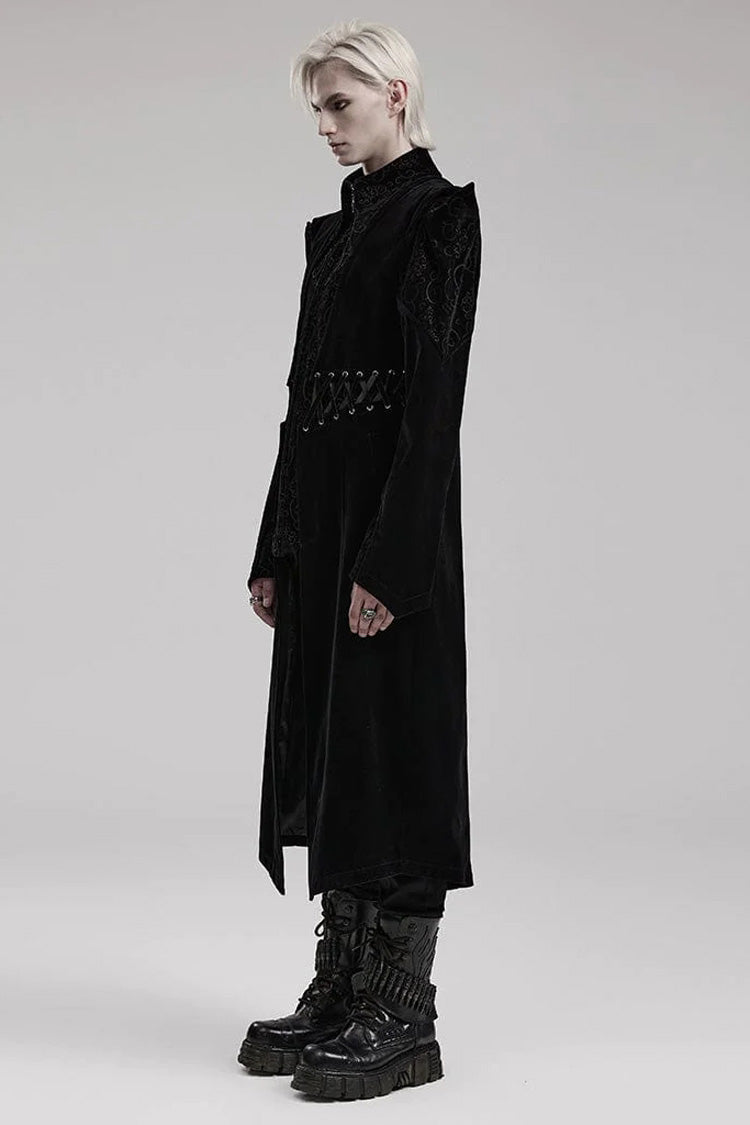 Black Stand Collar Jacquard Print Waist Cord Decoration Mens Gothic Mid Length Coat