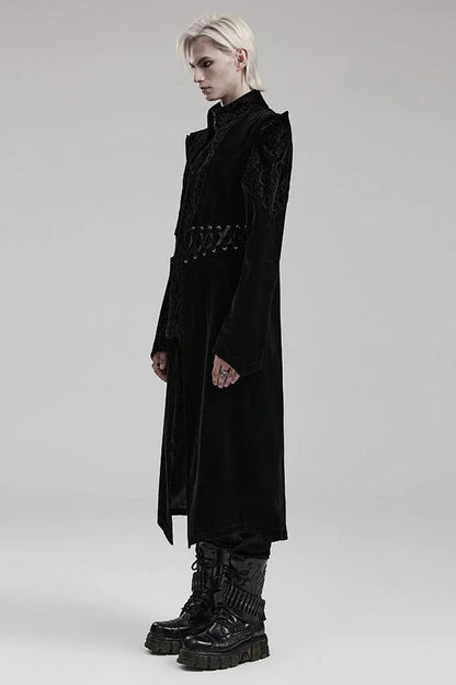 Black Stand Collar Jacquard Print Waist Cord Decoration Mens Gothic Mid Length Coat