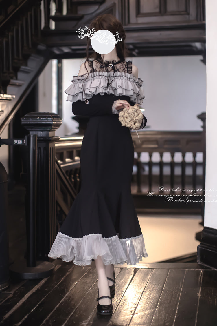 Black [Night Cherry Blossoms] Long Sleeves Ruffle Bowknot Daily Sweet Elegant Lolita Fishtail Dress