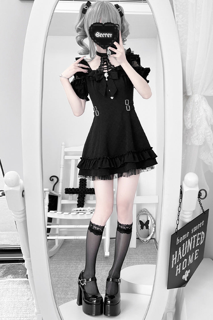 Black/White Halterneck Short Sleeves Ruffle Bowknot Lace Jirai Kei Japanese Dress 2 Colors