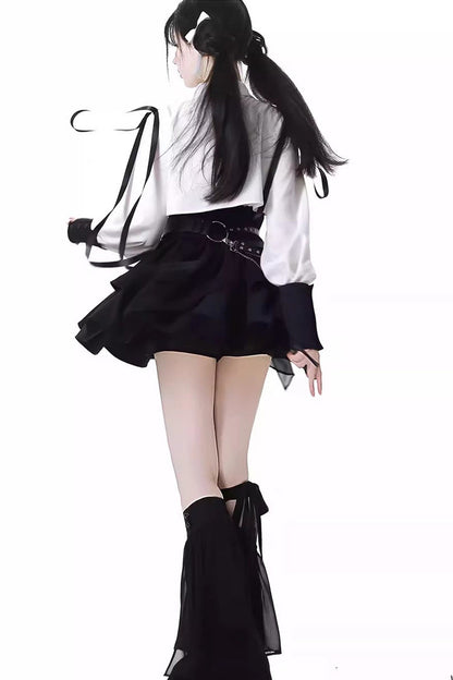 White/Black [Moonlight Flowing] Long/Short Sleeves Ruffled Asymmetric Gothic Jirai Kei Skirt Set
