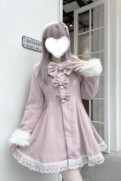 Pink Long Sleeves Bowknot Rabbit Ears Detachable Hooded Japanese Jirai Kei Coat