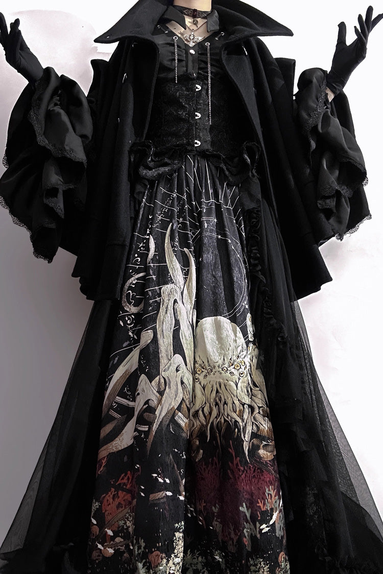 Black [Reborn Ancient God] Long Hime Sleeves Print Lace Gothic Lolita Skirt Dress Set