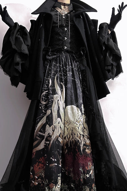 Black [Reborn Ancient God] Long Hime Sleeves Print Lace Gothic Lolita Skirt Dress Set