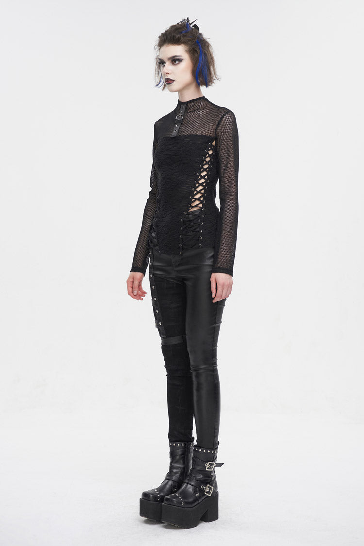 Black Strappy Mesh Splice Ruched Women's Punk Shirt