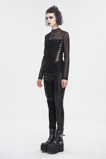 Black Strappy Mesh Splice Ruched Women's Punk Shirt